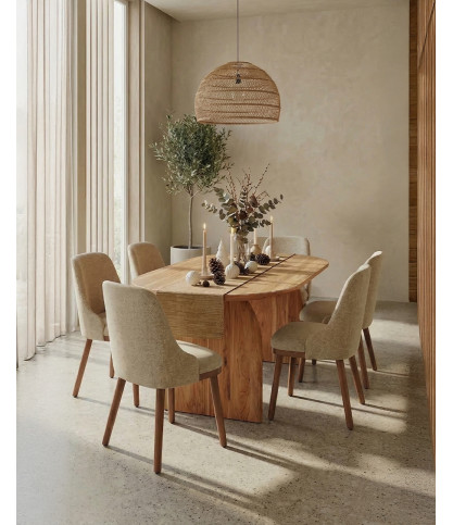 Liro beige – Set mit 2 beigefarbenen Esszimmerstühlen mit Holzbeinen