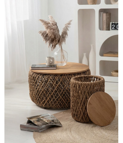 Yuda - Set di 2 tavolini da caffè in teak massello e fibra di banano intrecciata