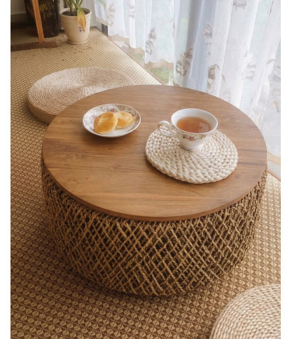 Yuda - Grand table basse en bois de teck massif et tissage banane avec rangement