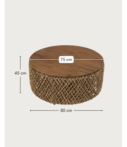 Yuda - Grand table basse en bois de teck massif et tissage banane avec rangement
