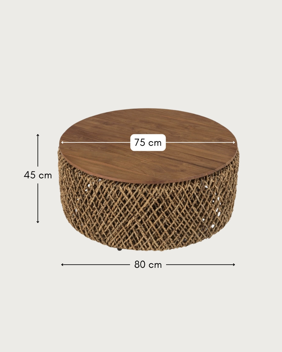Yuda - Mesa de centro grande de madera maciza de teca y tejido banana con espacio de almacenamiento.