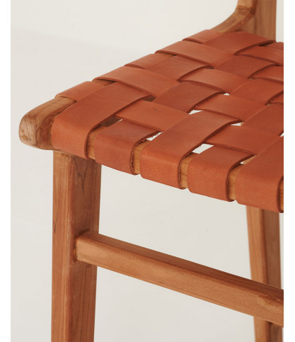 Ambra - Set of 2 Bar chairs in solid teak and brown woven cowhide leather