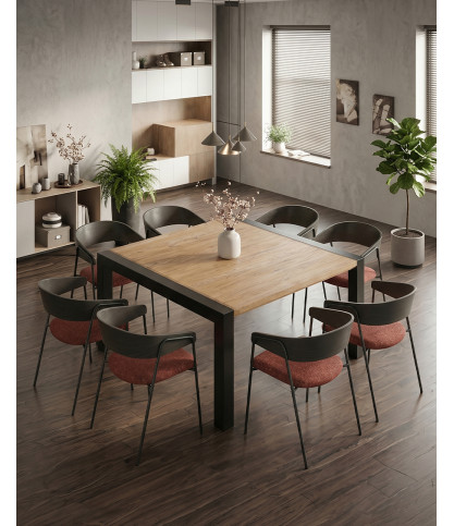Arche - Mesa de comedor cuadrada de teca maciza y metal, 130 cm de largo, 8 personas.