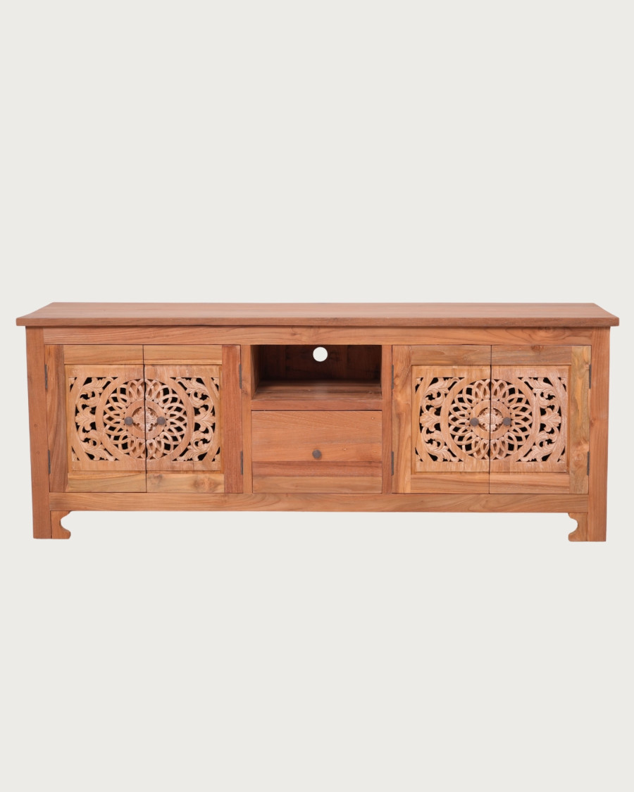 Oba - Meuble TV en bois de teck sculpté 160 cm