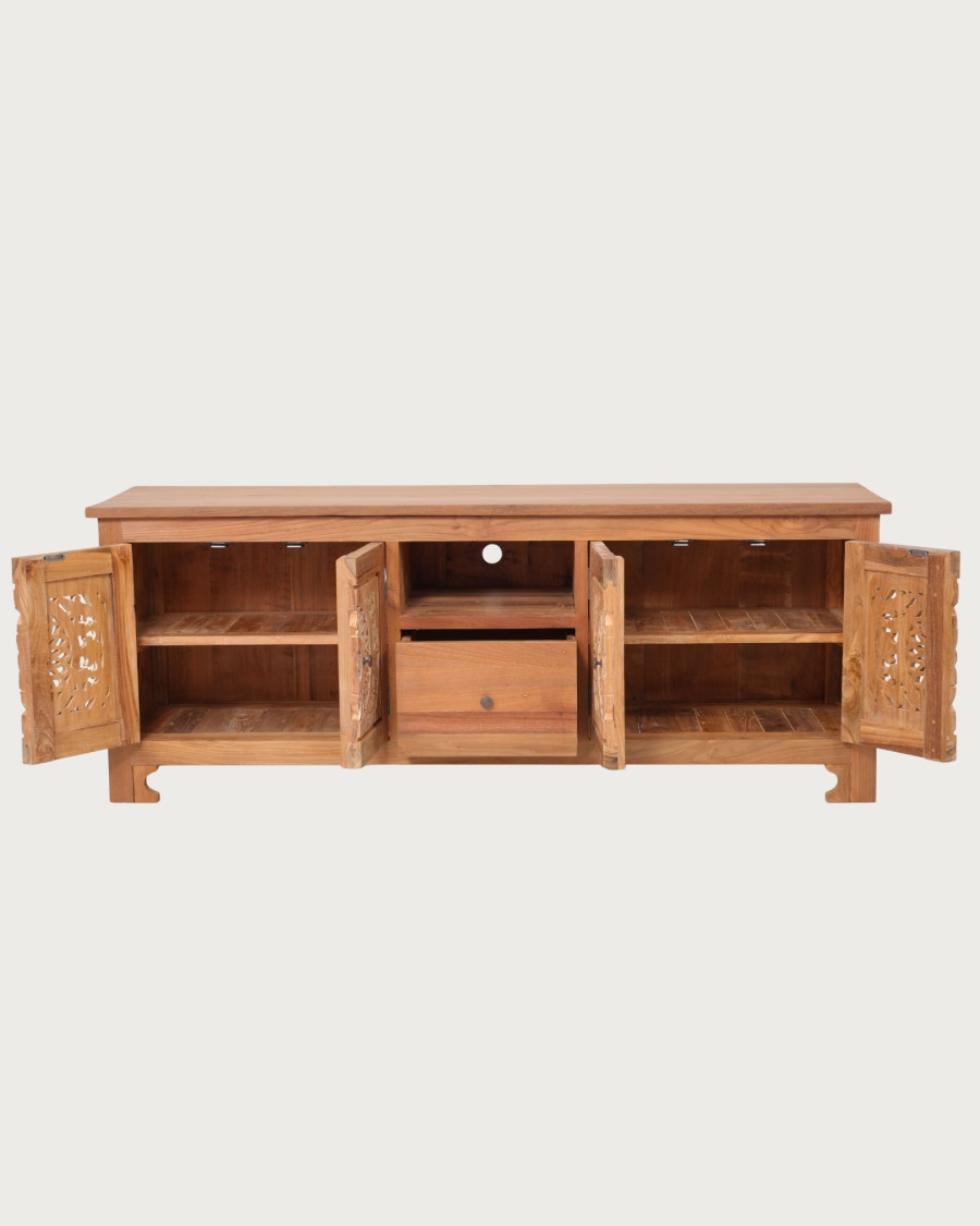 Oba - Mobile porta TV in legno di teak intagliato, 160 cm
