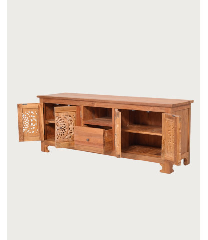 Oba - Meuble TV en bois de teck sculpté 160 cm