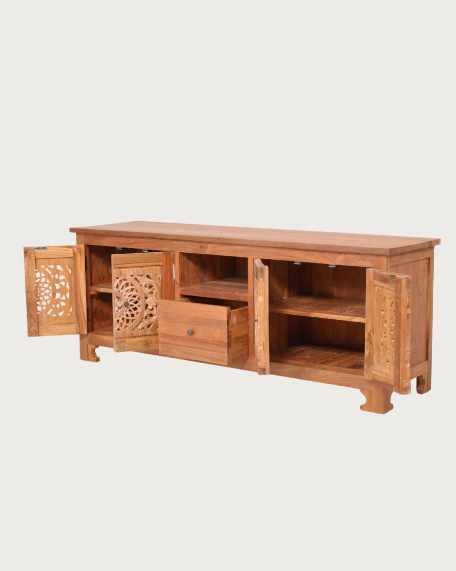 Oba - Mobile porta TV in legno di teak intagliato, 160 cm