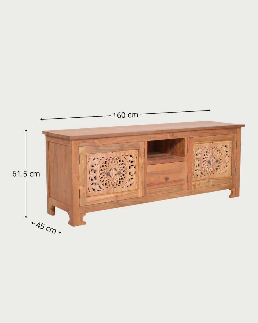 Oba - 160 cm großer, geschnitzter TV Ständer aus Teakholz