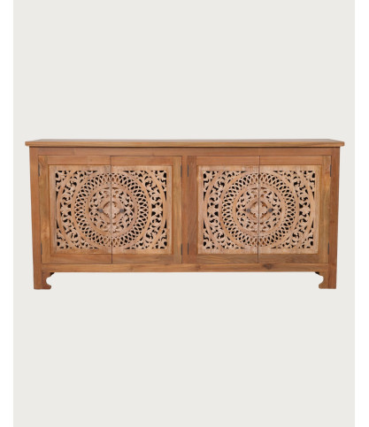 Oba - Low sideboard with 4 doors in carved teak, 180cm