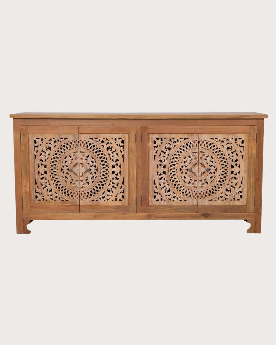 Oba - Aparador bajo con 4 puertas en teca tallada, 180 cm