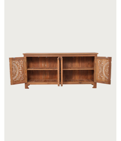 Oba - Low sideboard with 4 doors in carved teak, 180cm