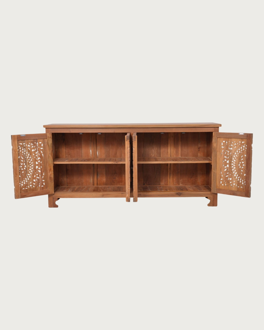 Oba - Laag dressoir met 4 deuren van gesneden teakhout, 180 cm