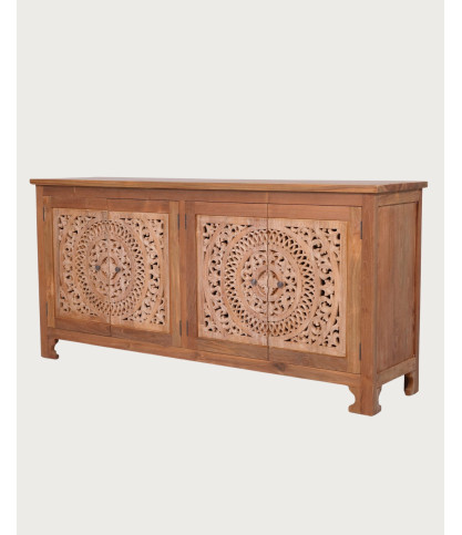 Oba – Niedriges Sideboard mit 4 Türen aus geschnitztem Teakholz, 180 cm