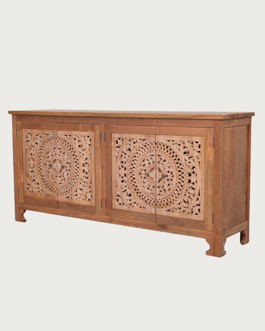 Oba - Low sideboard with 4 doors in carved teak, 180cm