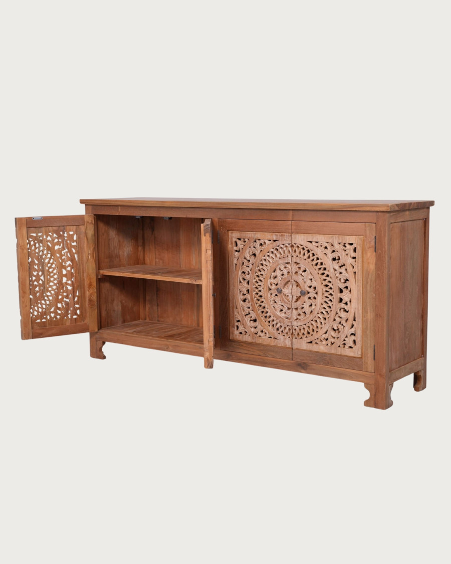Oba - Aparador bajo con 4 puertas en teca tallada, 180 cm