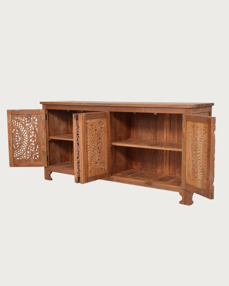 Oba - Laag dressoir met 4 deuren van gesneden teakhout, 180 cm