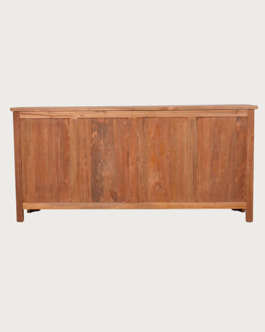 Oba - Low sideboard with 4 doors in carved teak, 180cm