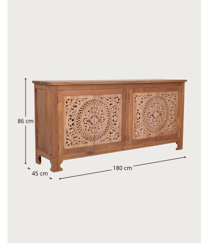 Oba - Credenza bassa con 4 ante in teak intagliato, 180 cm