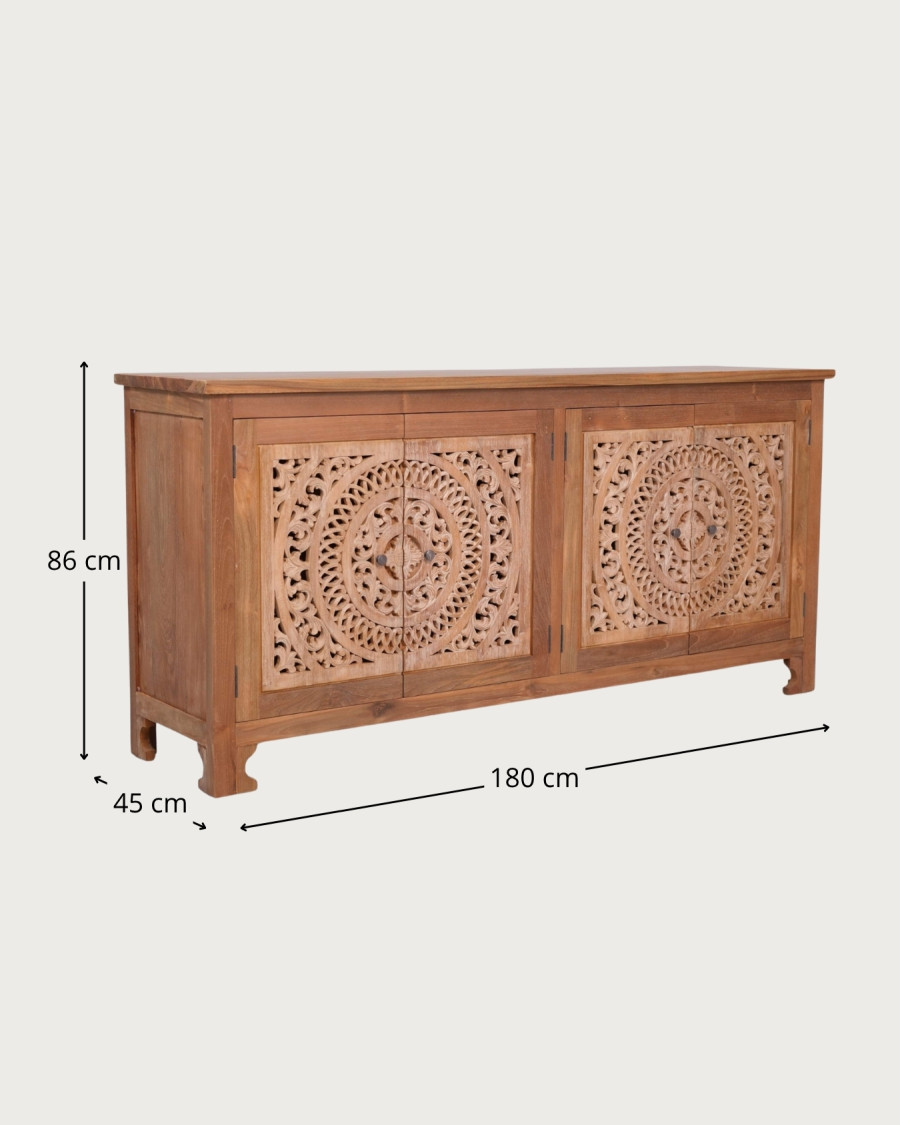 Oba - Laag dressoir met 4 deuren van gesneden teakhout, 180 cm