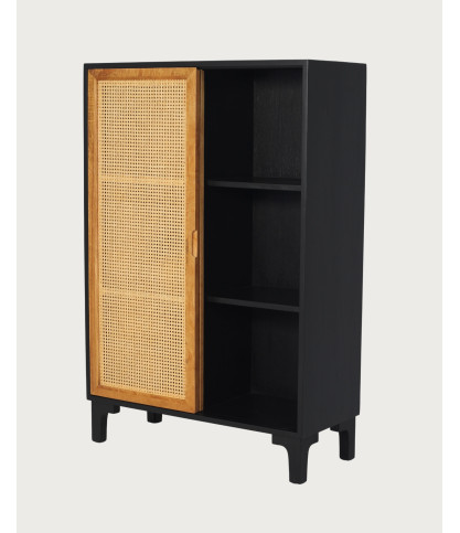 Noma - Petite armoire en bois, cannage et métal noir