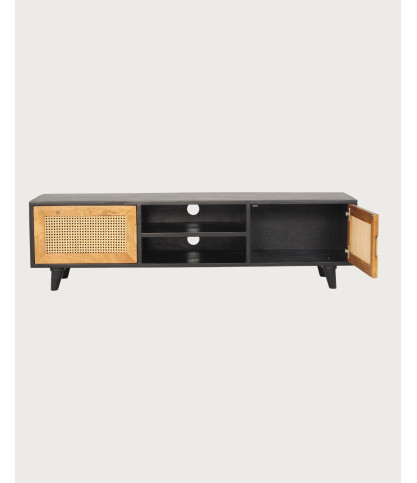 Noma - Mobile porta TV in legno, rattan e metallo nero.