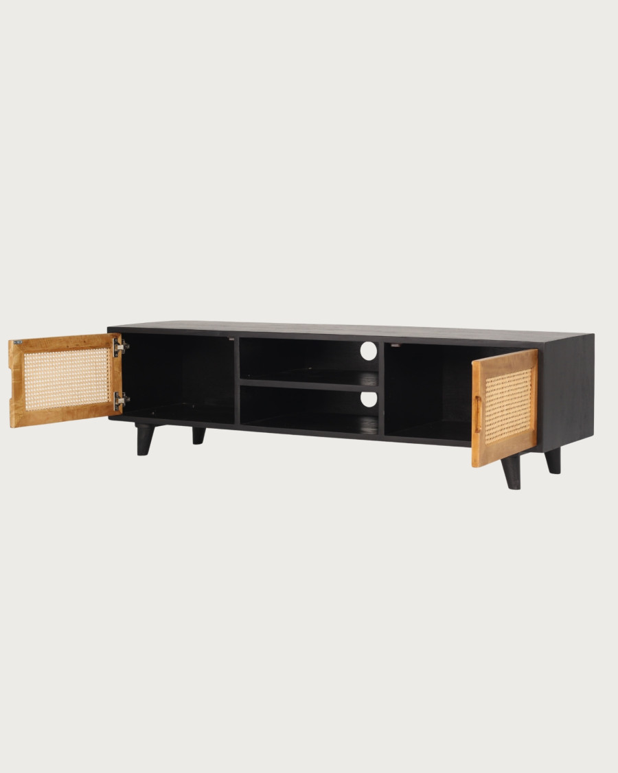Noma - Mobile porta TV in legno e metallo nero, finitura naturale opaca.