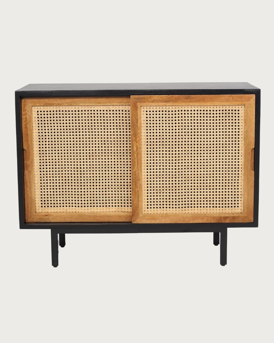 Noma - Credenza piccola in legno e metallo nero, finitura naturale opaca.