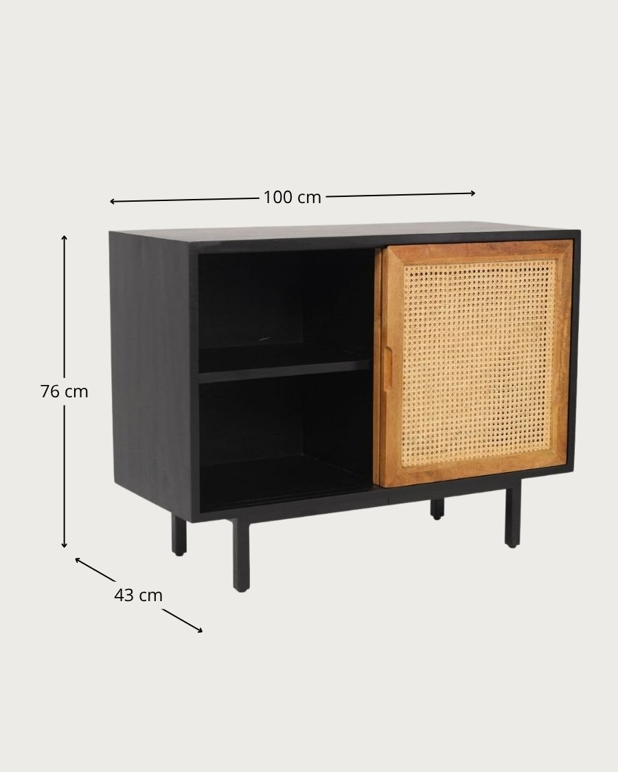 Noma - Credenza piccola in legno e metallo nero, finitura naturale opaca.