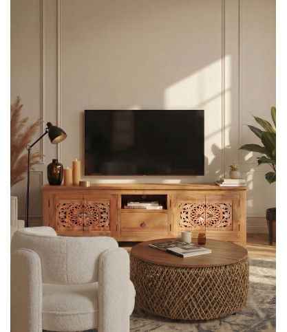 Oba - Soporte para TV de madera de teca tallada de 160 cm