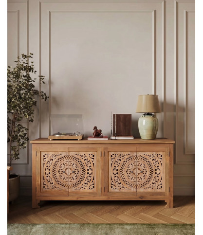 Oba - Aparador bajo con 4 puertas en teca tallada, 180 cm