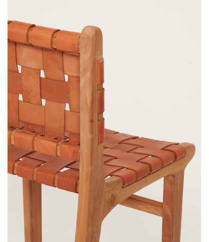 Ambra - Set of 2 Bar chairs in solid teak and brown woven cowhide leather