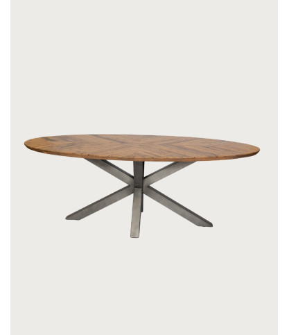 Apogée - Table salle à manger ovale, Plateau en Manguier à Chevrons & Pied Étoile en Métal