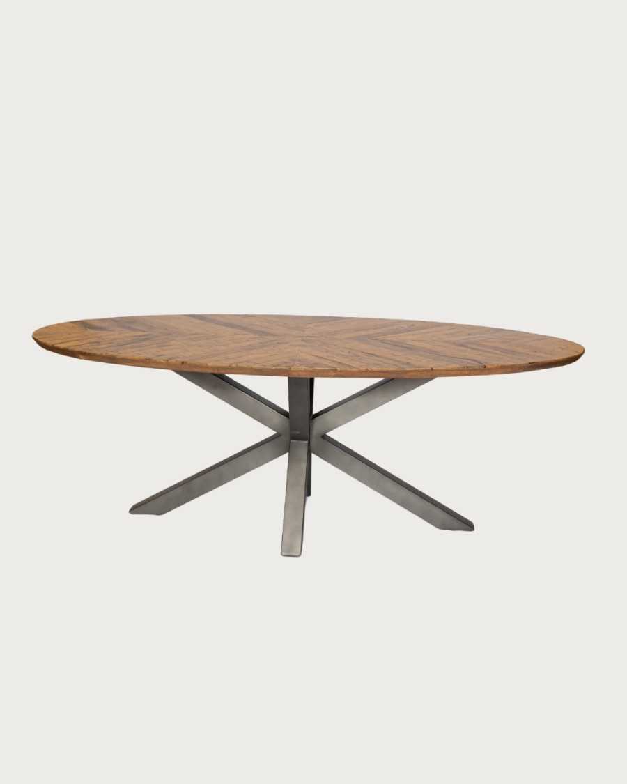Apogée - Table salle à manger ovale, Plateau en Manguier à Chevrons & Pied Étoile en Métal