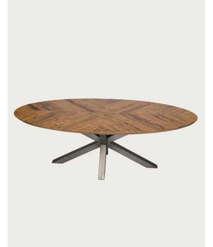 Apogée - Table salle à manger ovale, Plateau en Manguier à Chevrons & Pied Étoile en Métal