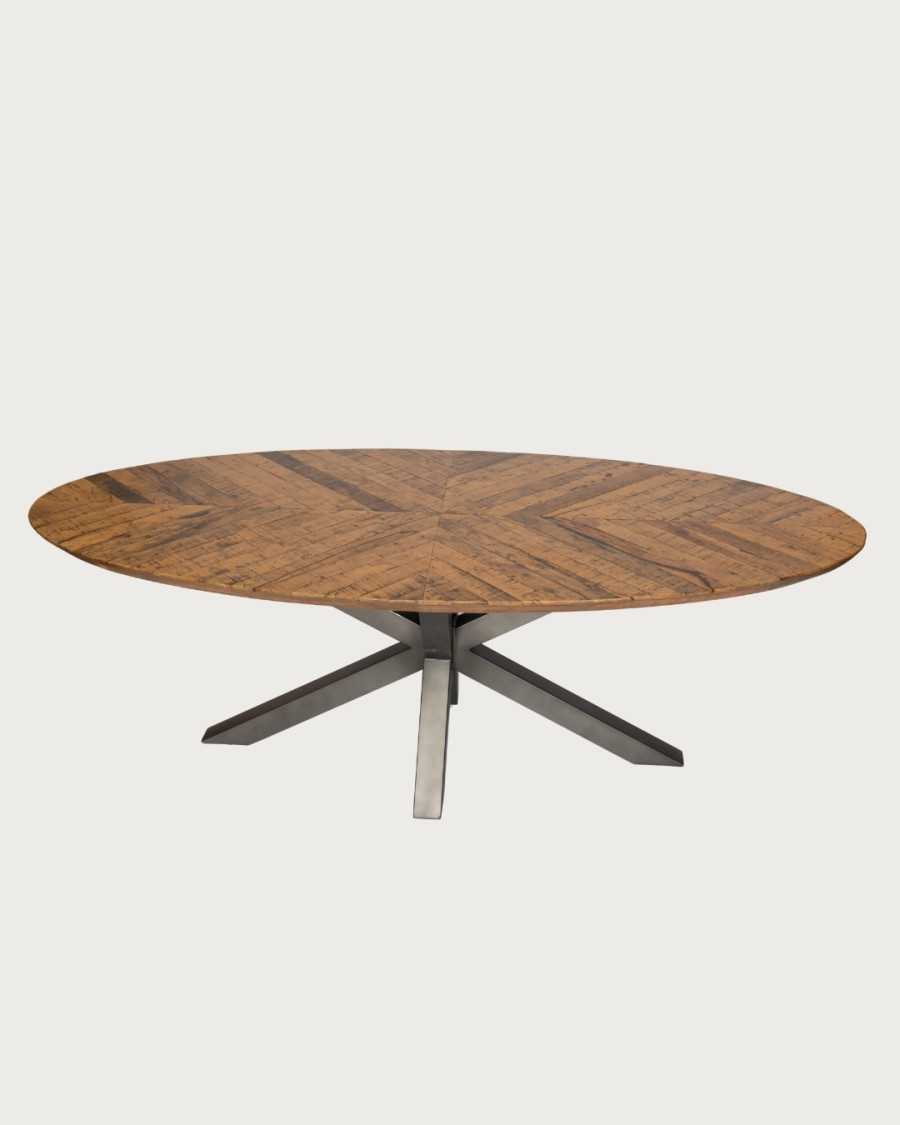 Apogée - Table salle à manger ovale, Plateau en Manguier à Chevrons & Pied Étoile en Métal