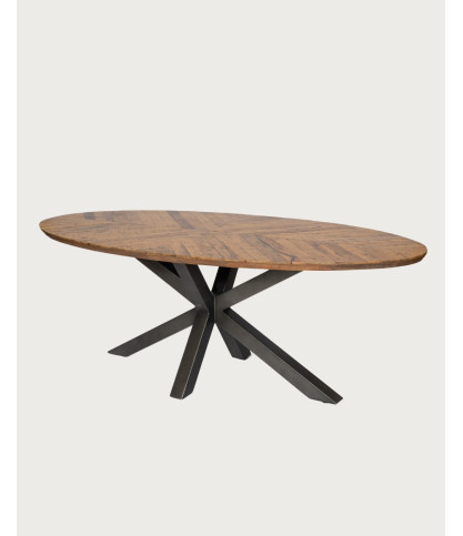 Apogee - Ovale eettafel met visgraatmotief op het blad van mangohout en een metalen stervoet.