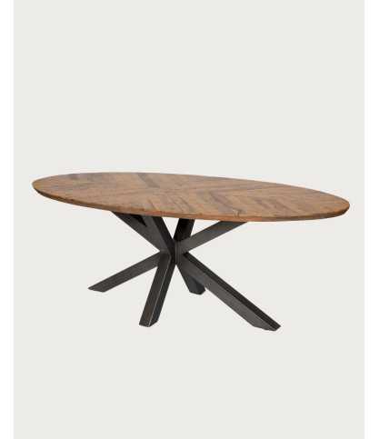 Apogée - Table salle à manger ovale, Plateau en Manguier à Chevrons & Pied Étoile en Métal
