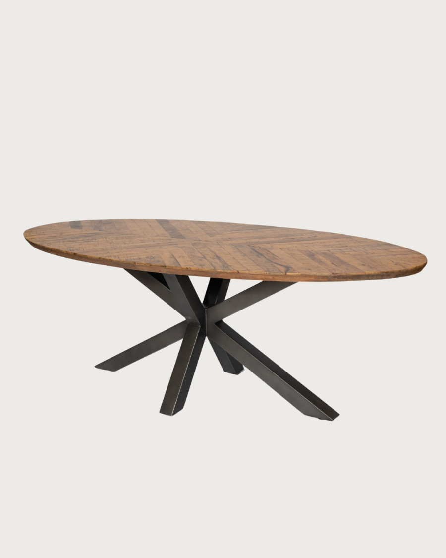 Apogée - Table salle à manger ovale, Plateau en Manguier à Chevrons & Pied Étoile en Métal