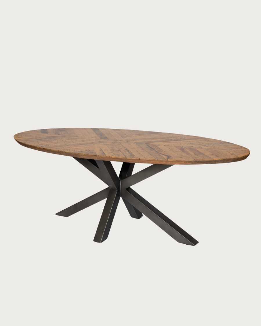 Apogée - Table salle à manger ovale, Plateau en Manguier à Chevrons & Pied Étoile en Métal