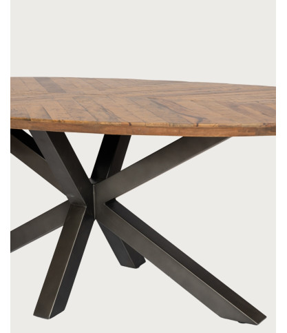 Apogee - Mesa de comedor ovalada, tablero de madera de mango con diseño de espiga y base metálica en forma de estrella.
