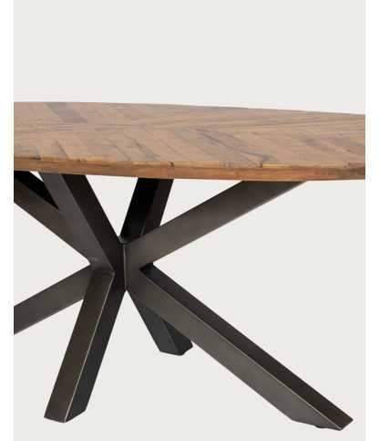 Apogée - Table salle à manger ovale, Plateau en Manguier à Chevrons & Pied Étoile en Métal