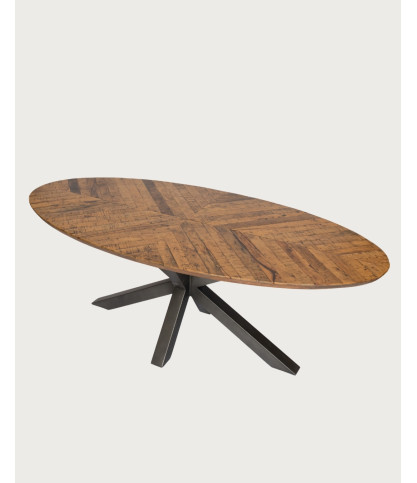 Apogee - Mesa de comedor ovalada, tablero de madera de mango con diseño de espiga y base metálica en forma de estrella.