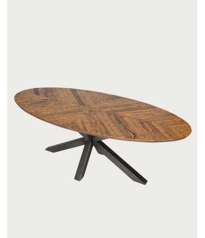 Apogée - Table salle à manger ovale, Plateau en Manguier à Chevrons & Pied Étoile en Métal