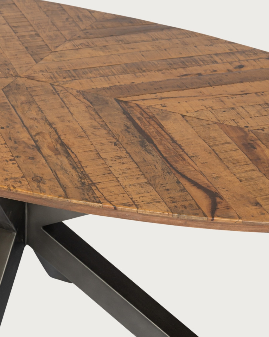 Apogee - Mesa de comedor ovalada, tablero de madera de mango con diseño de espiga y base metálica en forma de estrella.