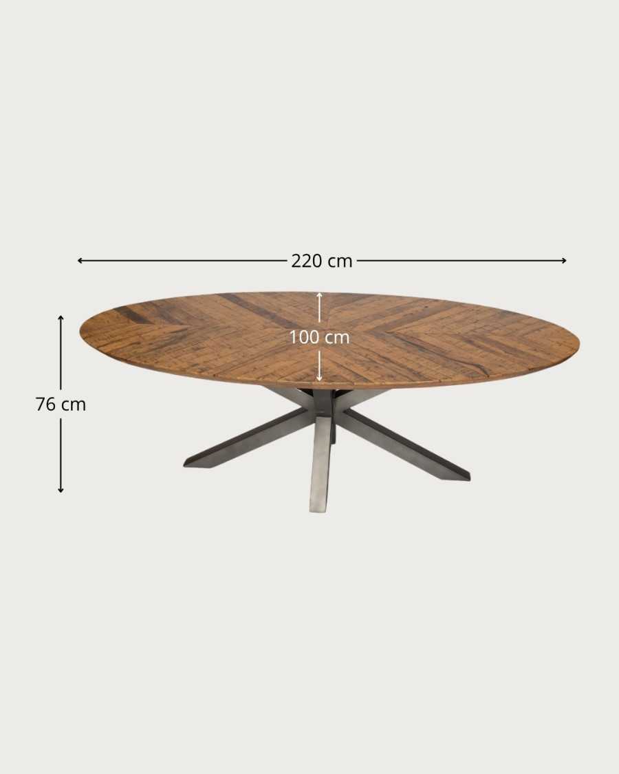 Apogée - Table salle à manger ovale, Plateau en Manguier à Chevrons & Pied Étoile en Métal