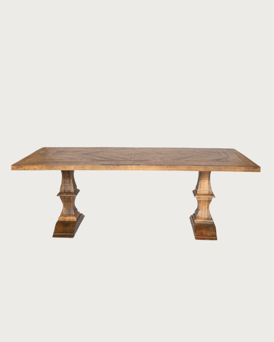 Maestro - Rectangular Eucalyptus Wood Dining Table, Double Pedestal & Herringbone Pattern
