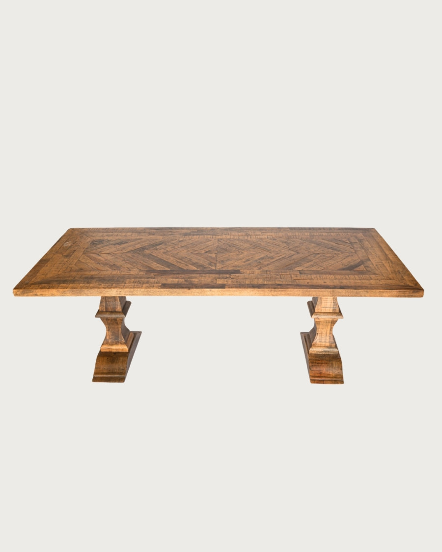 Maestro - Mesa de comedor rectangular de madera de eucalipto, doble pedestal y diseño de espiga