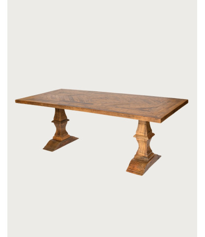 Maestro - Table salle à manger rectangulaire bois Manguier, Double Piédestal & Motif à Chevrons