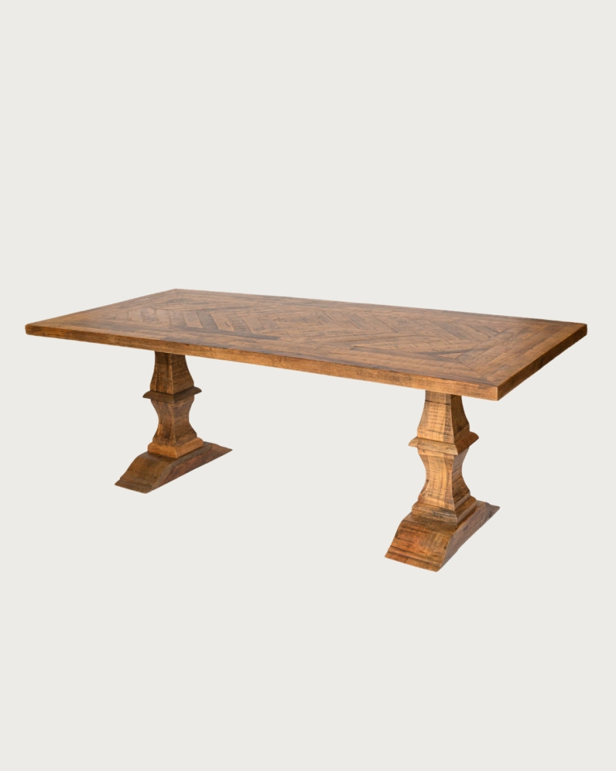 Maestro - Rectangular Eucalyptus Wood Dining Table, Double Pedestal & Herringbone Pattern