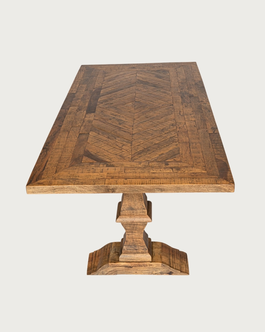 Maestro - Mesa de comedor rectangular de madera de eucalipto, doble pedestal y diseño de espiga